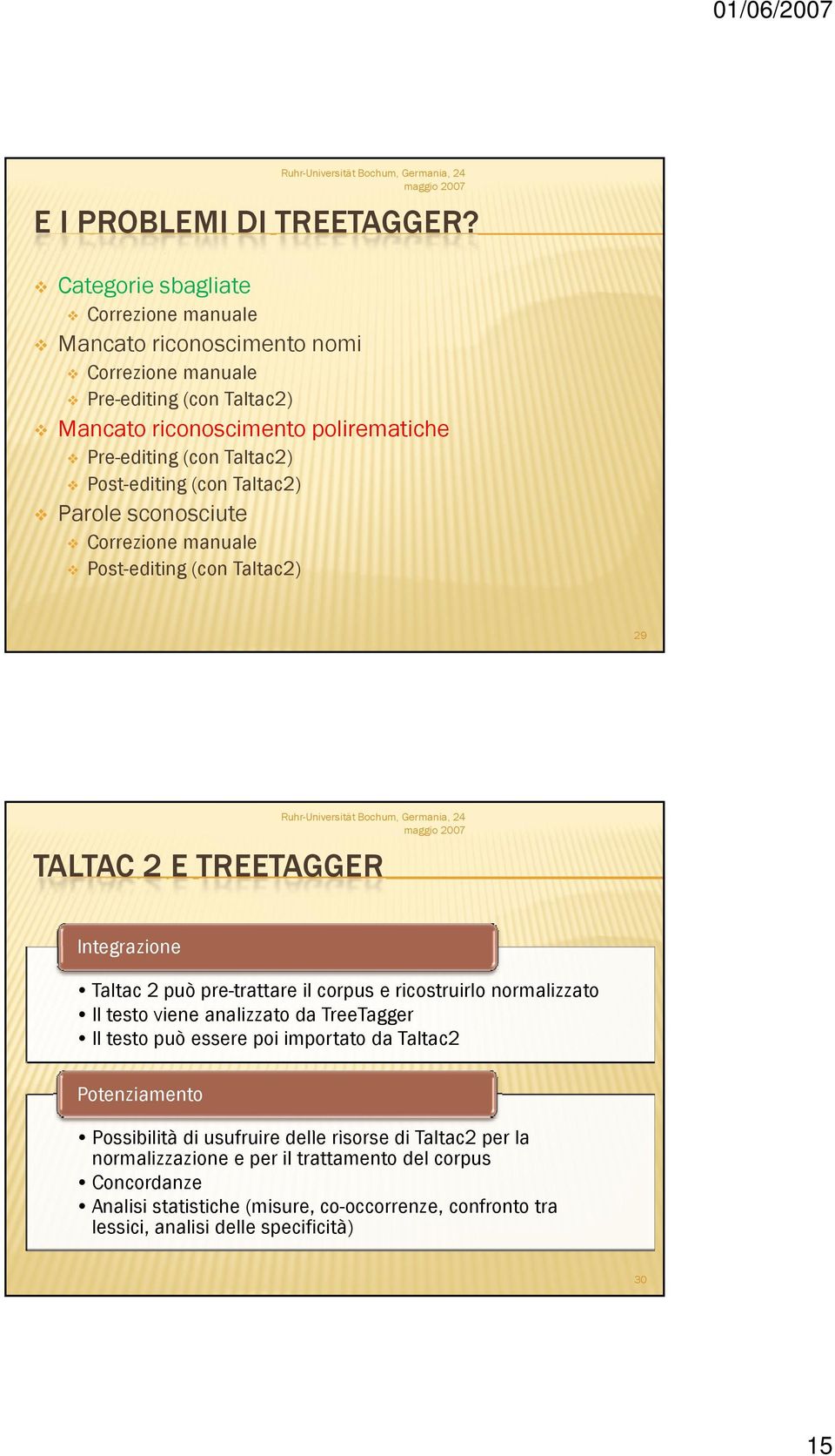 Post-editing (con Taltac2) Parole sconosciute Correzione manuale Post-editing (con Taltac2) 29 TALTAC 2 E TREETAGGER Integrazione Taltac 2 può pre-trattare il corpus e