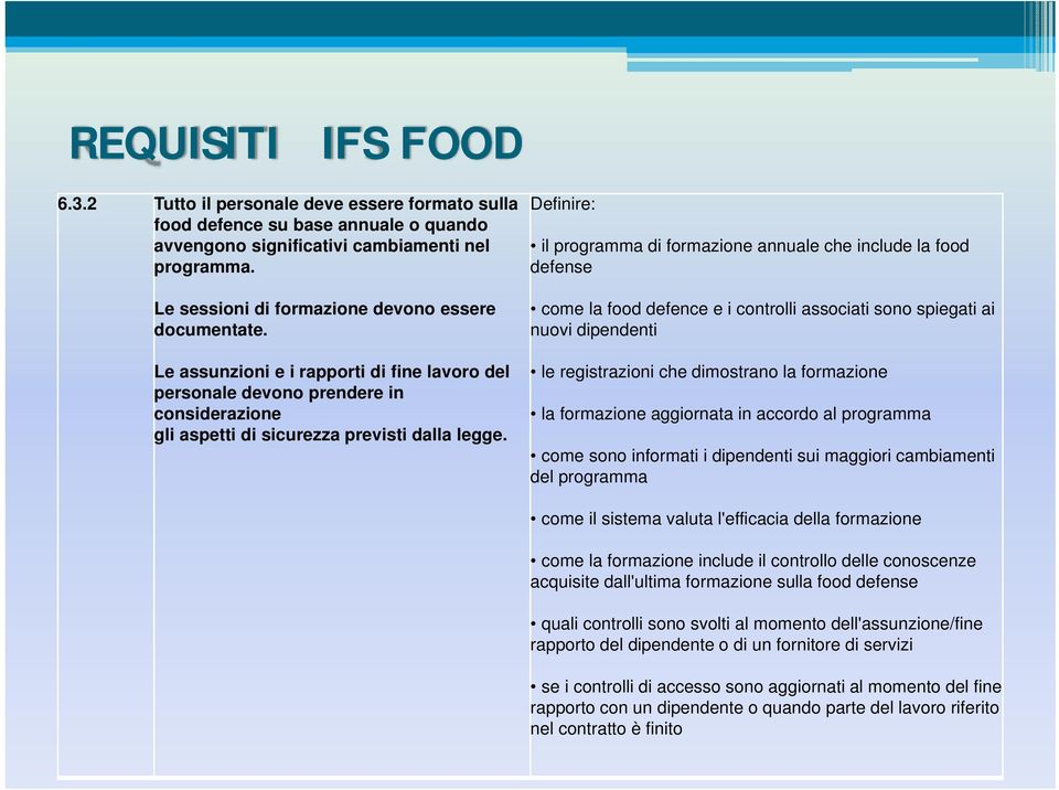 Definire: il programma di formazione annuale che include la food defense come la food defence e i controlli associati sono spiegati ai nuovi dipendenti le registrazioni che dimostrano la formazione