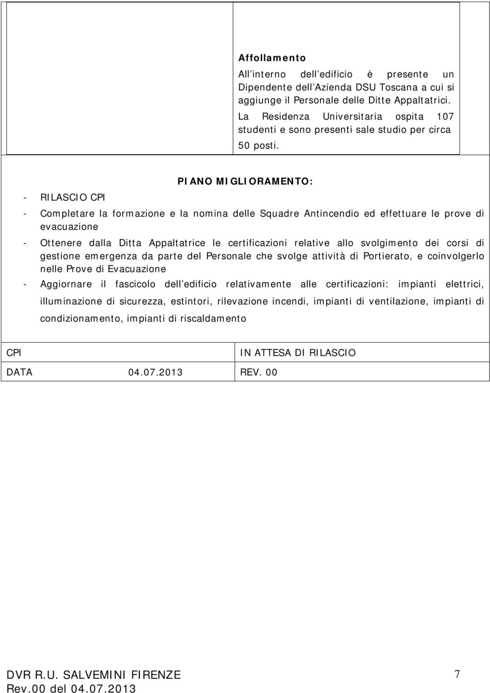 - RILASCIO CPI PIANO MIGLIORAMENTO: - Completare la formazione e la nomina delle Squadre Antincendio ed effettuare le prove di evacuazione - Ottenere dalla Ditta Appaltatrice le certificazioni