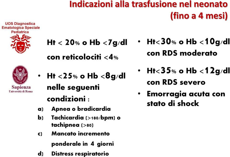 (>180/bpm) o tachipnea (>80) c) Mancato incremento Ht<30% o Hb <10g/dl con RDS moderato Ht<35% o