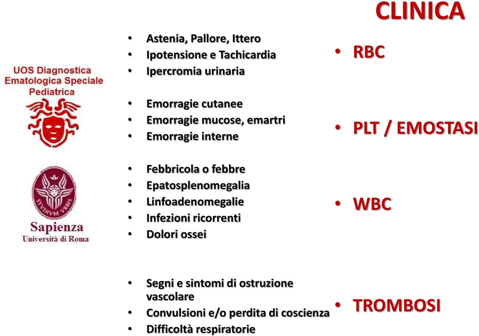 Linfoadenomegalie Infezioni ricorrenti Dolori ossei CLINICA RBC PLT / EMOSTASI WBC Segni e