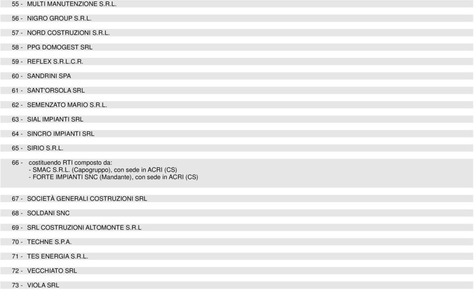 in ACRI (CS) - FORTE IMPIANTI SNC (Mandante), con sede in ACRI (CS) 67 - SOCIETÀ GENERALI COSTRUZIONI SRL 68 - SOLDANI SNC 69 - SRL