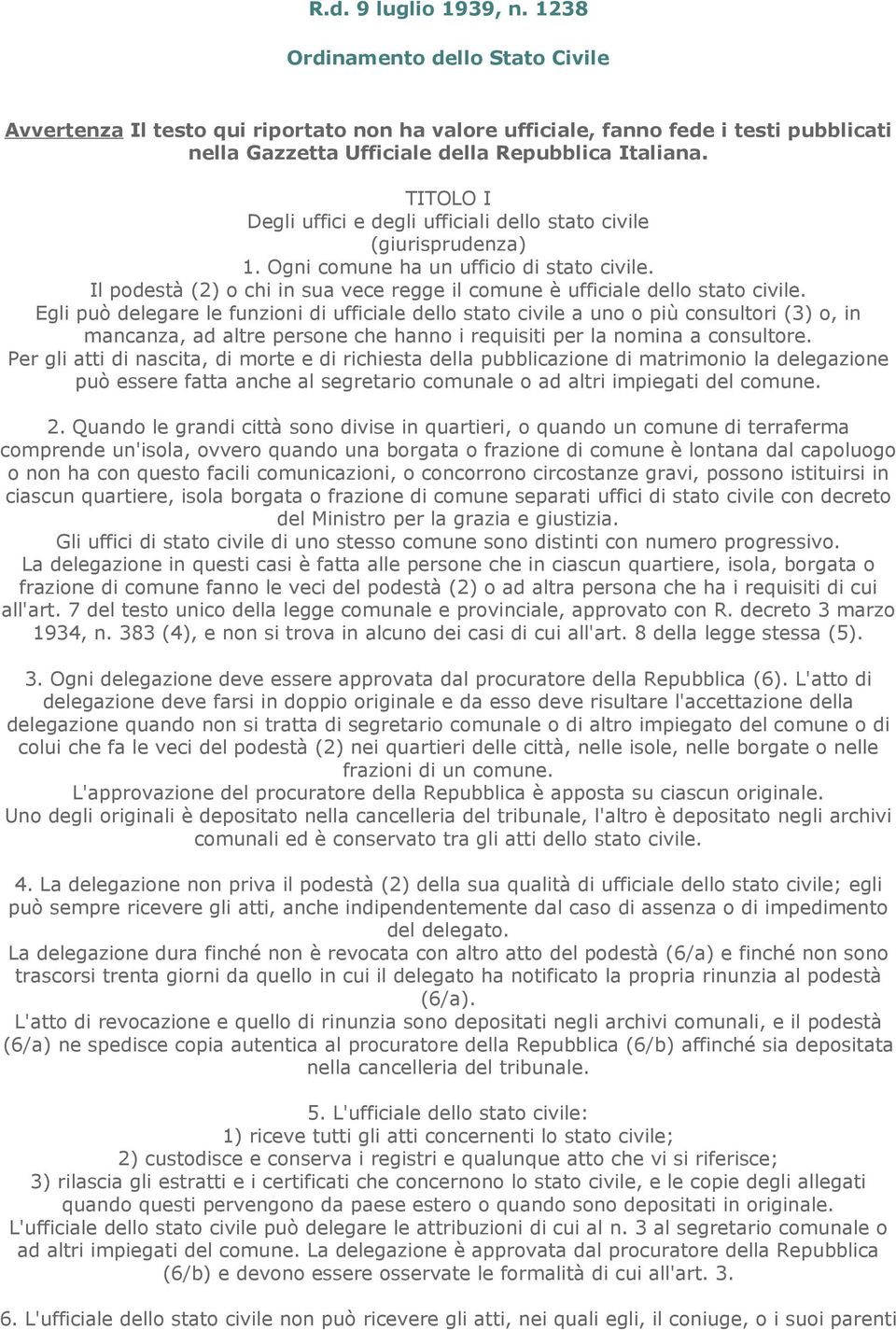 Il podestà (2) o chi in sua vece regge il comune è ufficiale dello stato civile.