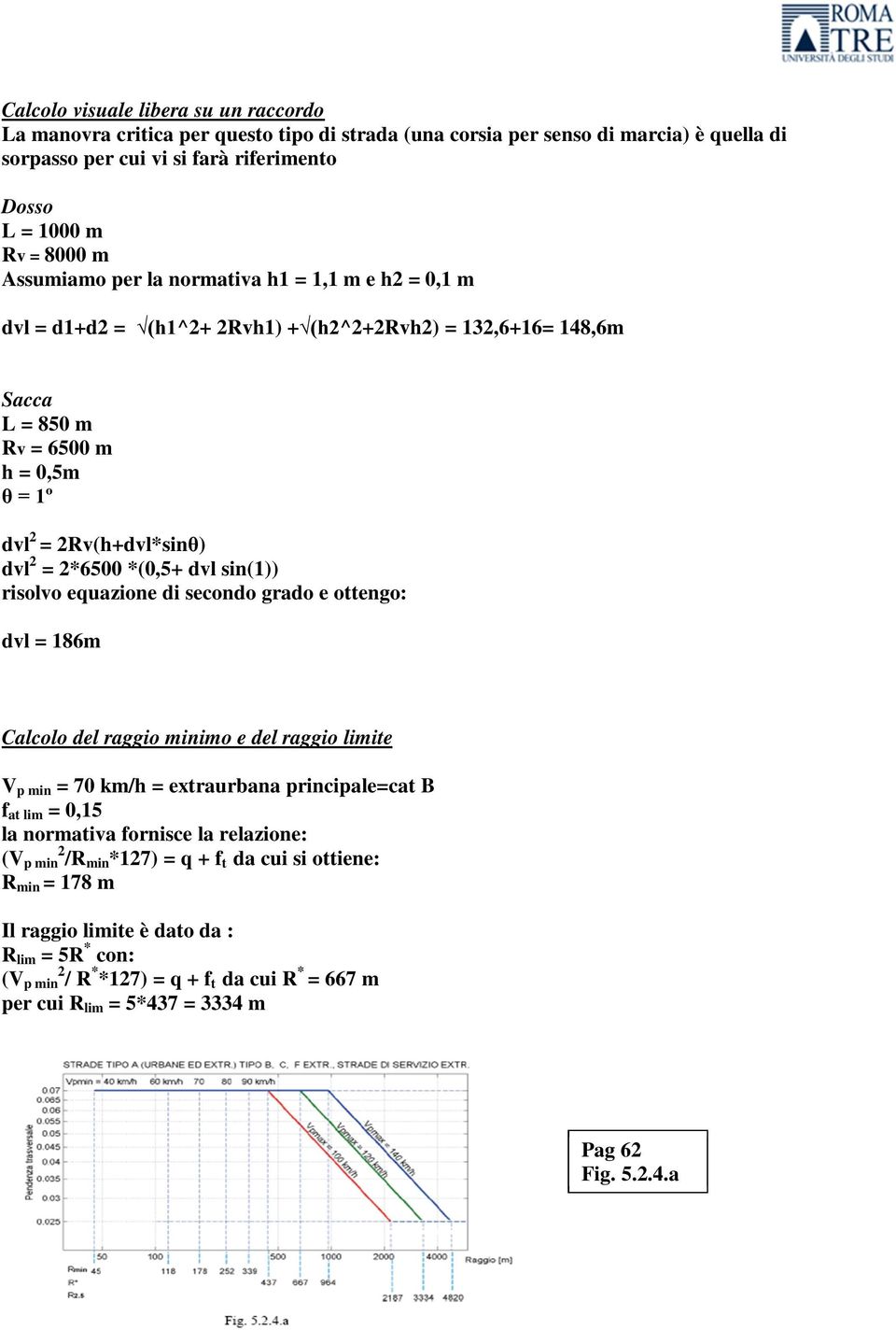 *(0,5+ dvl sin(1)) risolvo equazione di secondo grado e ottengo: dvl = 186m Calcolo del raggio minimo e del raggio limite V p min = 70 km/h = extraurbana principale=cat B f at lim = 0,15 la normativa