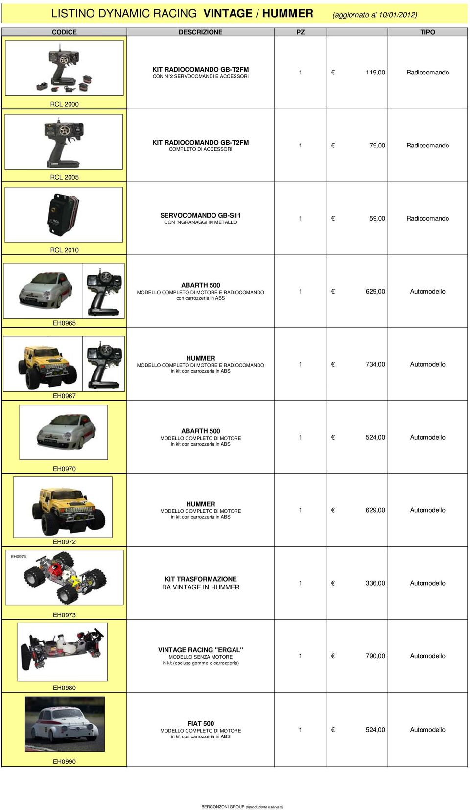 MODELLO COMPLETO DI MOTORE E RADIOCOMANDO in kit con carrozzeria in ABS 734,00 Automodello EH0967 ABARTH 500 MODELLO COMPLETO DI MOTORE in kit con carrozzeria in ABS 54,00 Automodello EH0970 HUMMER