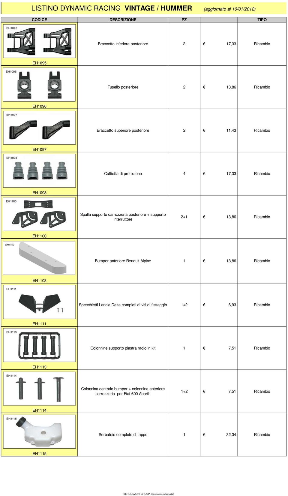 3,86 EH00 Bumper anteriore Renault Alpine 3,86 EH03 Specchietti Lancia Delta completi di viti di fissaggio + 6,93 EH Colonnine supporto