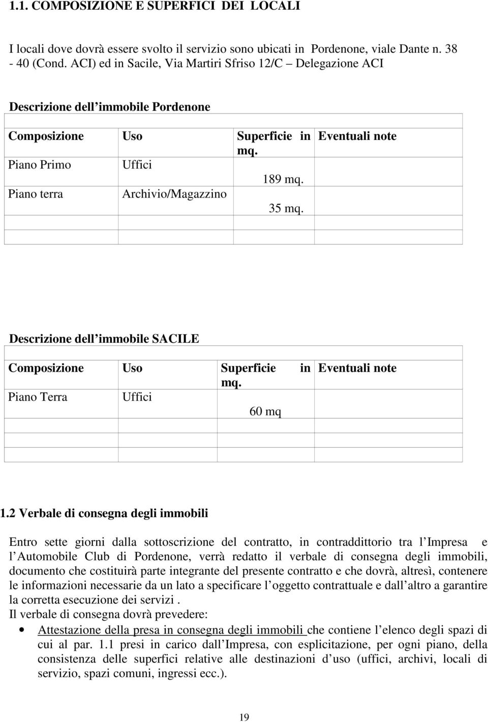 Eventuali note Descrizione dell immobile SACILE Composizione Uso Superficie in mq. Piano Terra Uffici 60 mq Eventuali note 1.