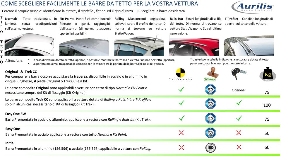 Fix Point: Punti fissi come boccole filettate o ganci, raggiungibili dall'esterno (di norma attraverso sportellini apribili). Railing: Mancorrenti longitudinali sollevati sopra il profilo del tetto.