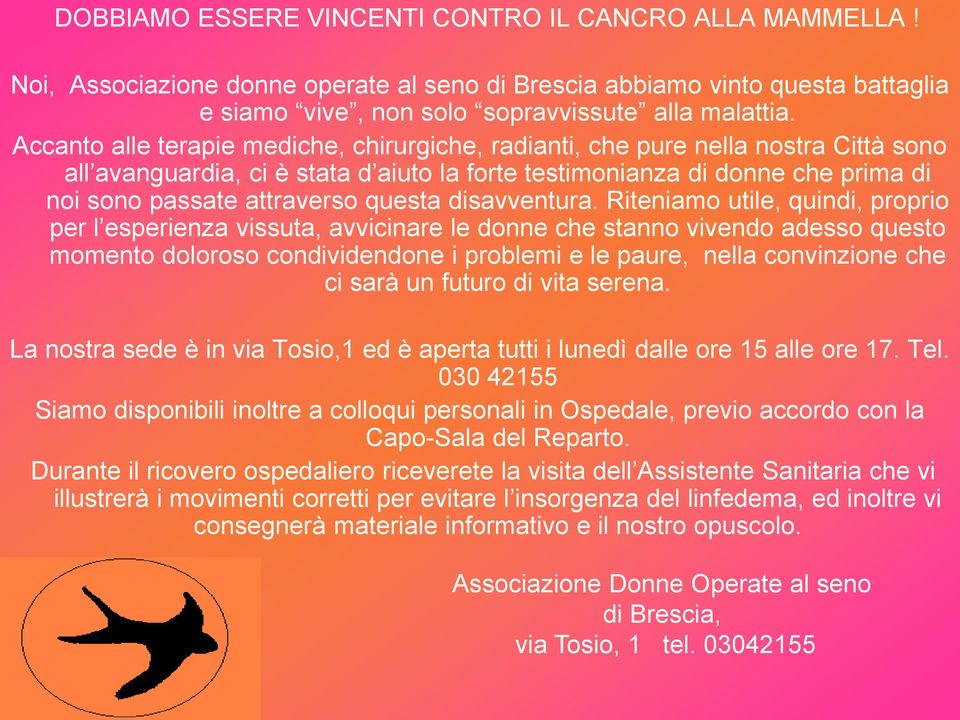 Accanto alle terapie mediche, chirurgiche, radianti, che pure nella nostra Città sono all avanguardia, ci è stata d aiuto la forte testimonianza di donne che prima di noi sono passate attraverso