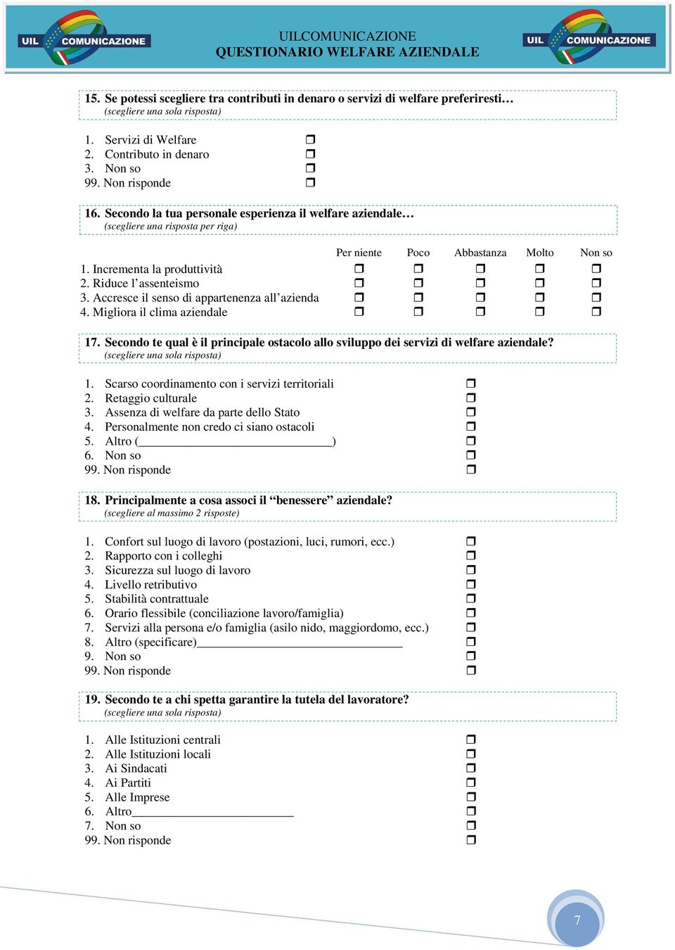 Accresce il senso di appartenenza all azienda 4. Migliora il clima aziendale 17. Secondo te qual è il principale ostacolo allo sviluppo dei servizi di welfare aziendale? 1. Scarso coordinamento con i servizi territoriali 2.