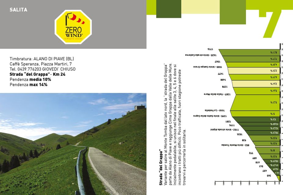 raggiunge Cima Grappa dalla Valle delle Mure. Inizialmente pedalabile, si unisce nel finale alle salite 3, 4, 5 e 6 dove si incontrano i tratti più difficili.