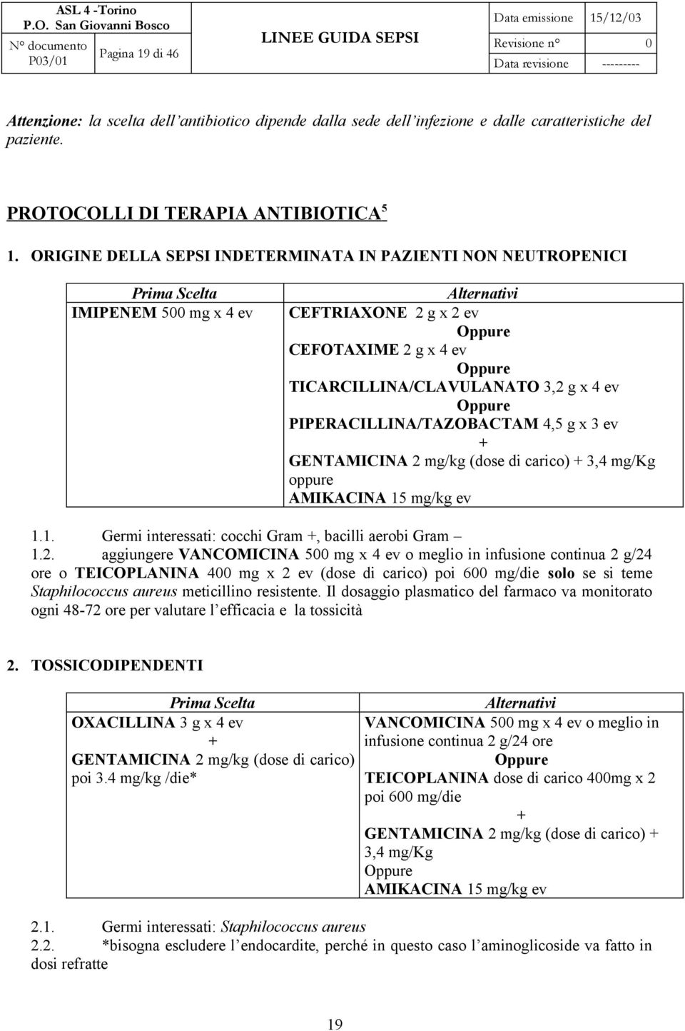 g x 4 ev Oppure PIPERACILLINA/TAZOBACTAM 4,5 g x 3 ev + GENTAMICINA 2 