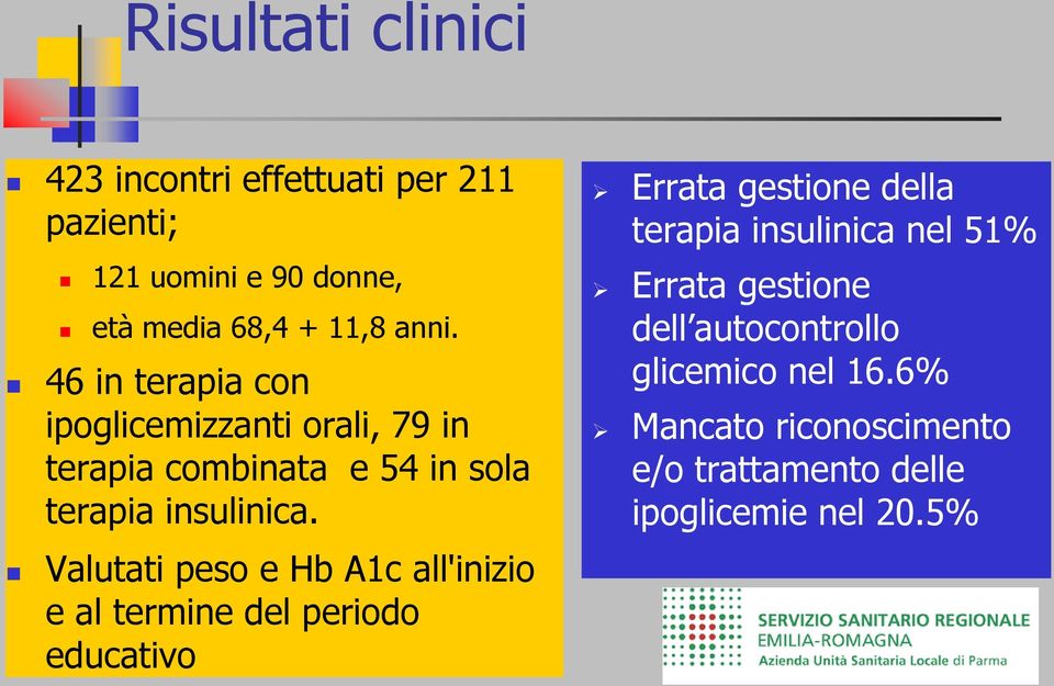Valutati peso e Hb A1c all'inizio e al termine del periodo educativo Errata gestione della terapia insulinica