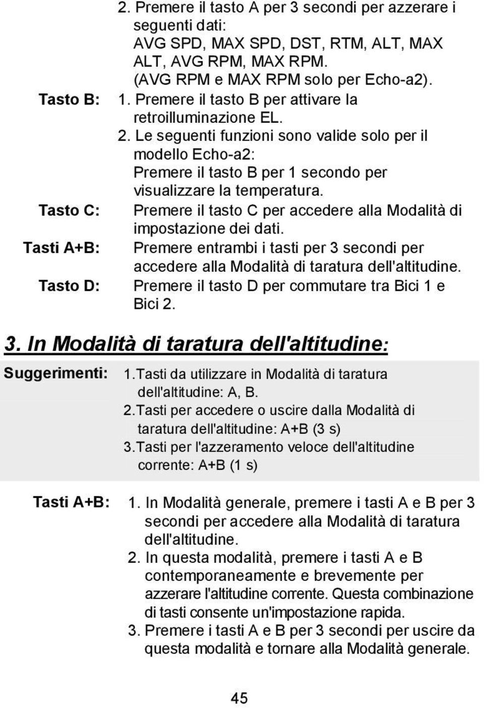 Le seguenti funzioni sono valide solo per il modello Echo-a2: Premere il tasto B per 1 secondo per visualizzare la temperatura. Premere il tasto C per accedere alla Modalità di impostazione dei dati.