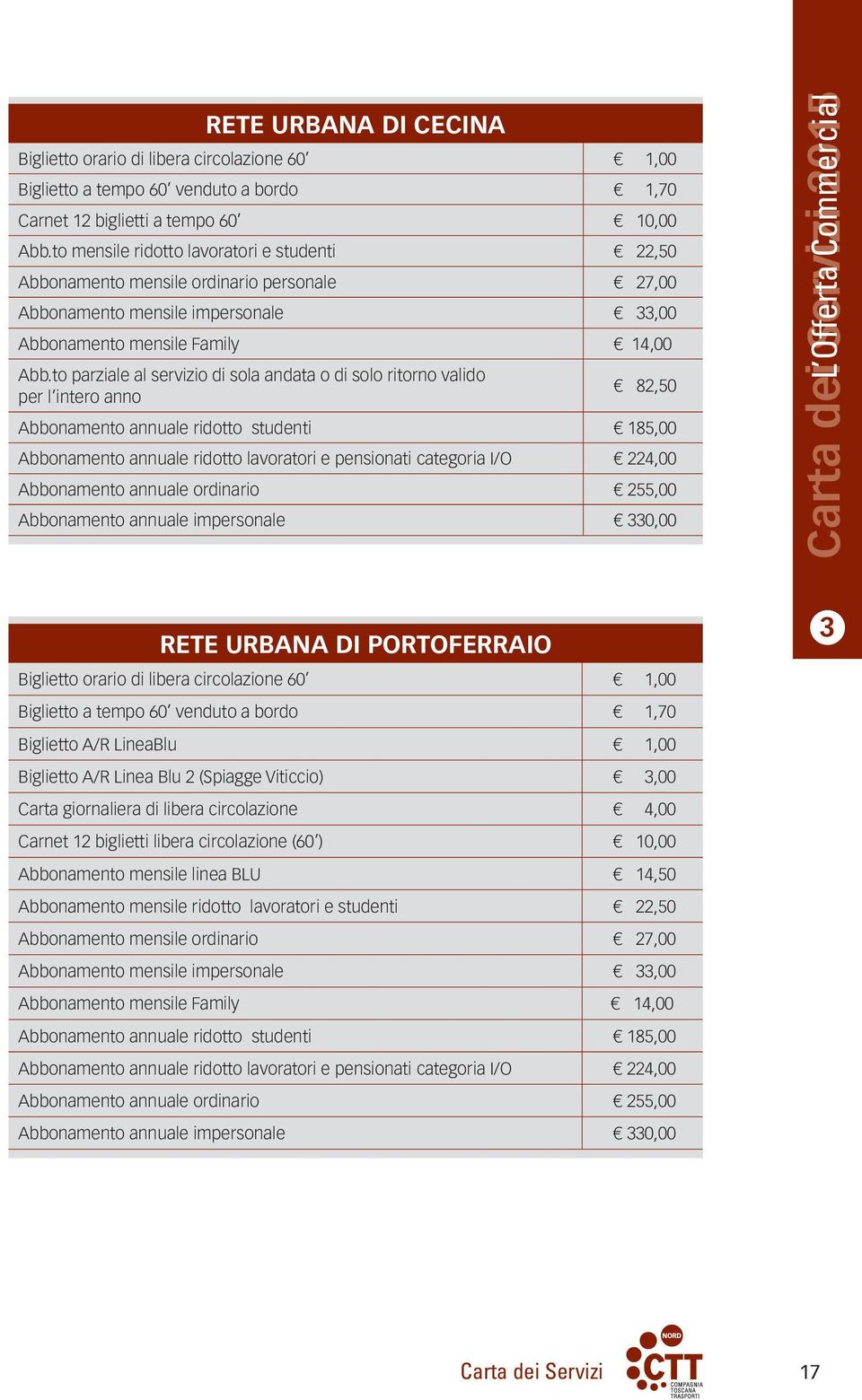 to parziale al servizio di sola andata o di solo ritorno valido per l intero anno 82,50 Abbonamento annuale ridotto studenti 185,00 Abbonamento annuale ridotto lavoratori e pensionati categoria I/O