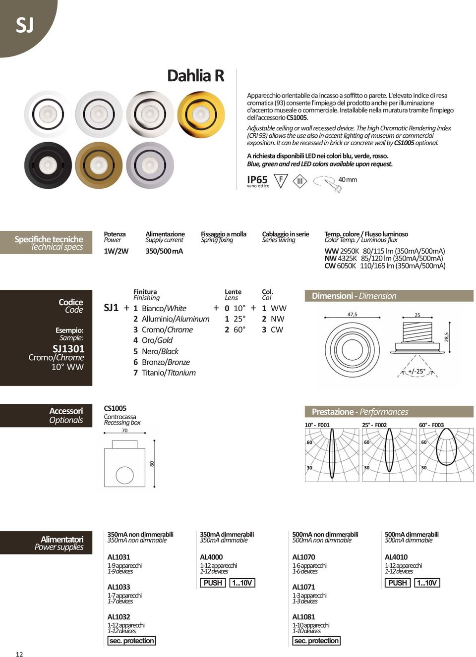 The high Chromatic Rendering Index (CRI 93) allows the use also in accent lighting of museum or commercial exposition. It can be recessed in brick or concrete wall by CS1005 optional.