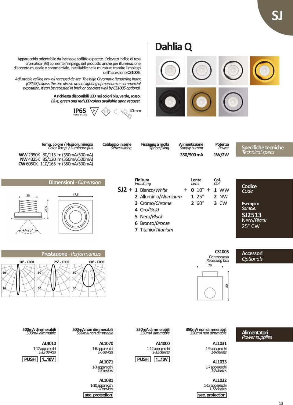 The high Chromatic Rendering Index (CRI 93) allows the use also in accent lighting of museum or commercial exposition. It can be recessed in brick or concrete wall by CS1005 optional.