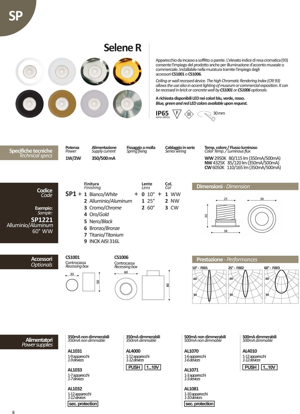 The high Chromatic Rendering Index (CRI 93) allows the use also in accent lighting of museum or commercial exposition. It can be recessed in brick or concrete wall by CS1001 or CS1006 optionals.