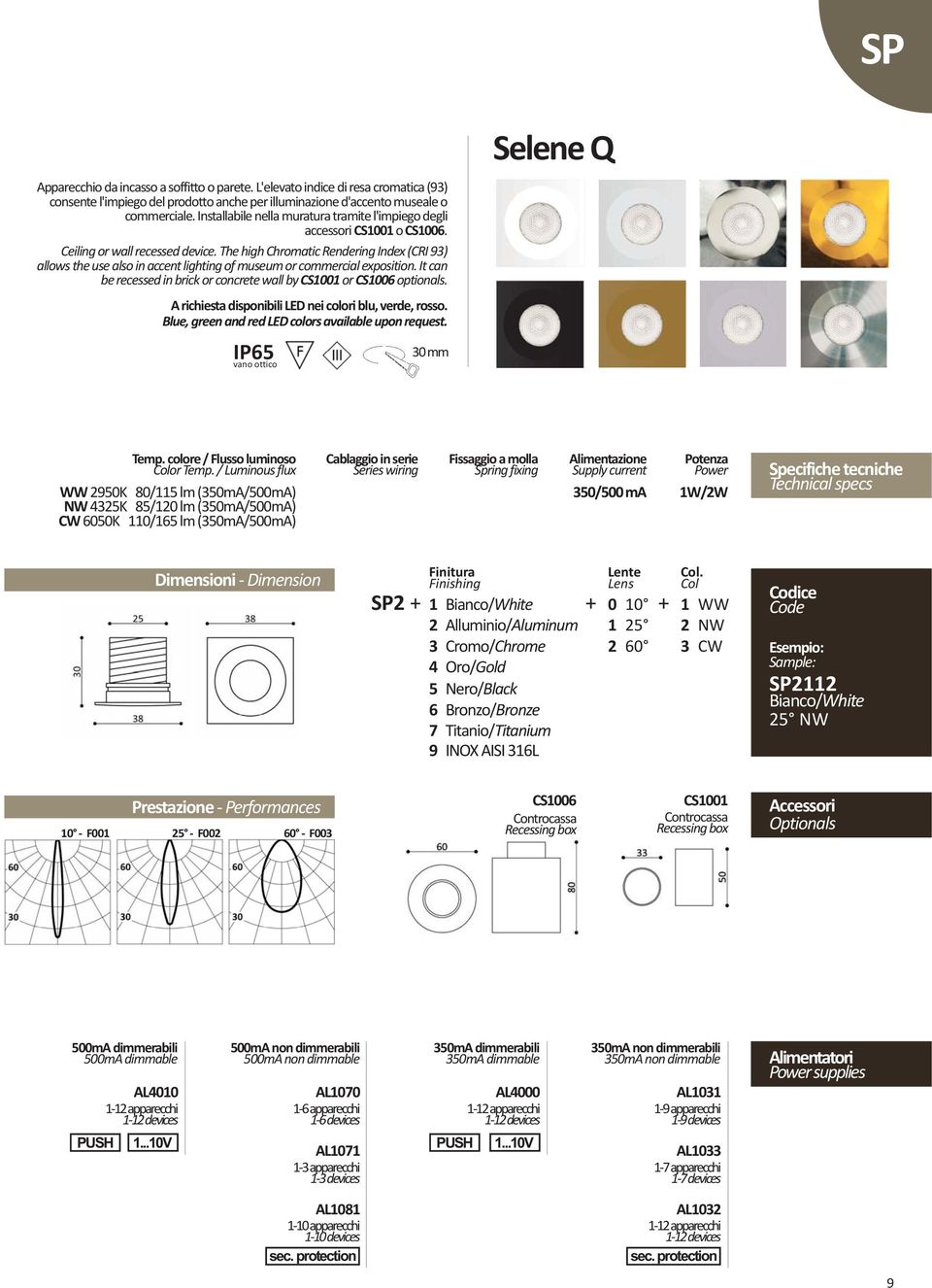 The high Chromatic Rendering Index (CRI 93) allows the use also in accent lighting of museum or commercial exposition. It can be recessed in brick or concrete wall by CS1001 or CS1006 optionals.