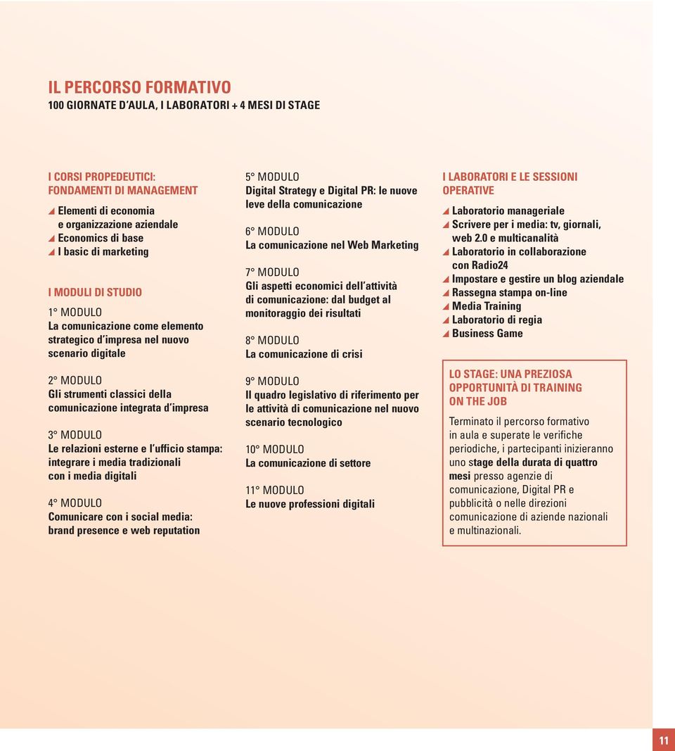 Le relazioni esterne e l ufficio stampa: integrare i media tradizionali con i media digitali 4 MODULO Comunicare con i social media: brand presence e web reputation 5 MODULO Digital Strategy e