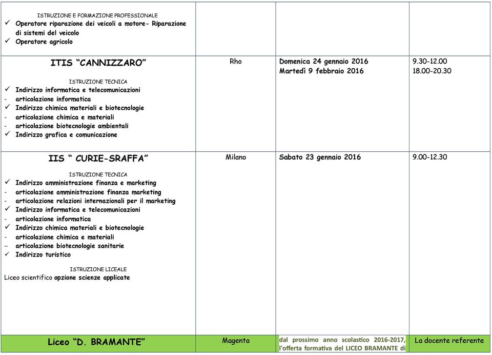 30-12.00 18.00-20.30 IIS CURIE-SRAFFA Milano Sabato 23 gennaio 2016 9.00-12.