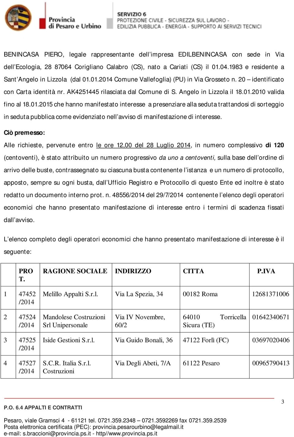 Angelo in Lizzola il 18.01.2010 valida fino al 18.01.2015 che hanno manifestato interesse a presenziare alla seduta trattandosi di sorteggio in seduta pubblica come evidenziato nell avviso di manifestazione di interesse.