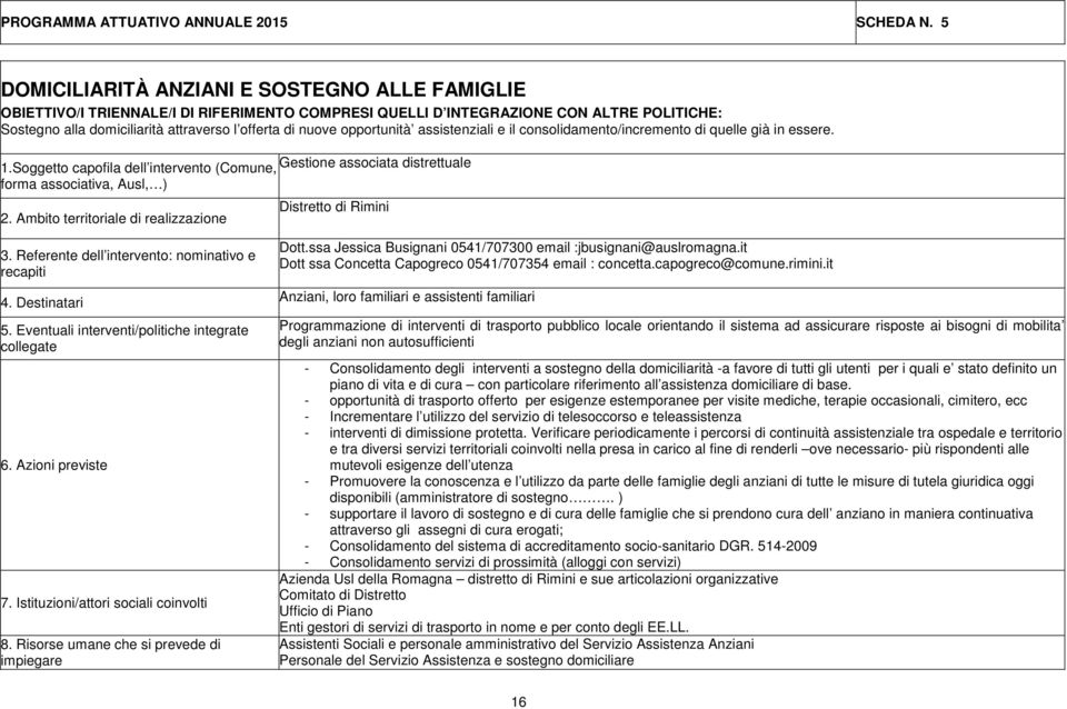 opportunità assistenziali e il consolidamento/incremento di quelle già in essere. 1.Soggetto capofila dell intervento (Comune, Gestione associata distrettuale forma associativa, Ausl, ) 2.