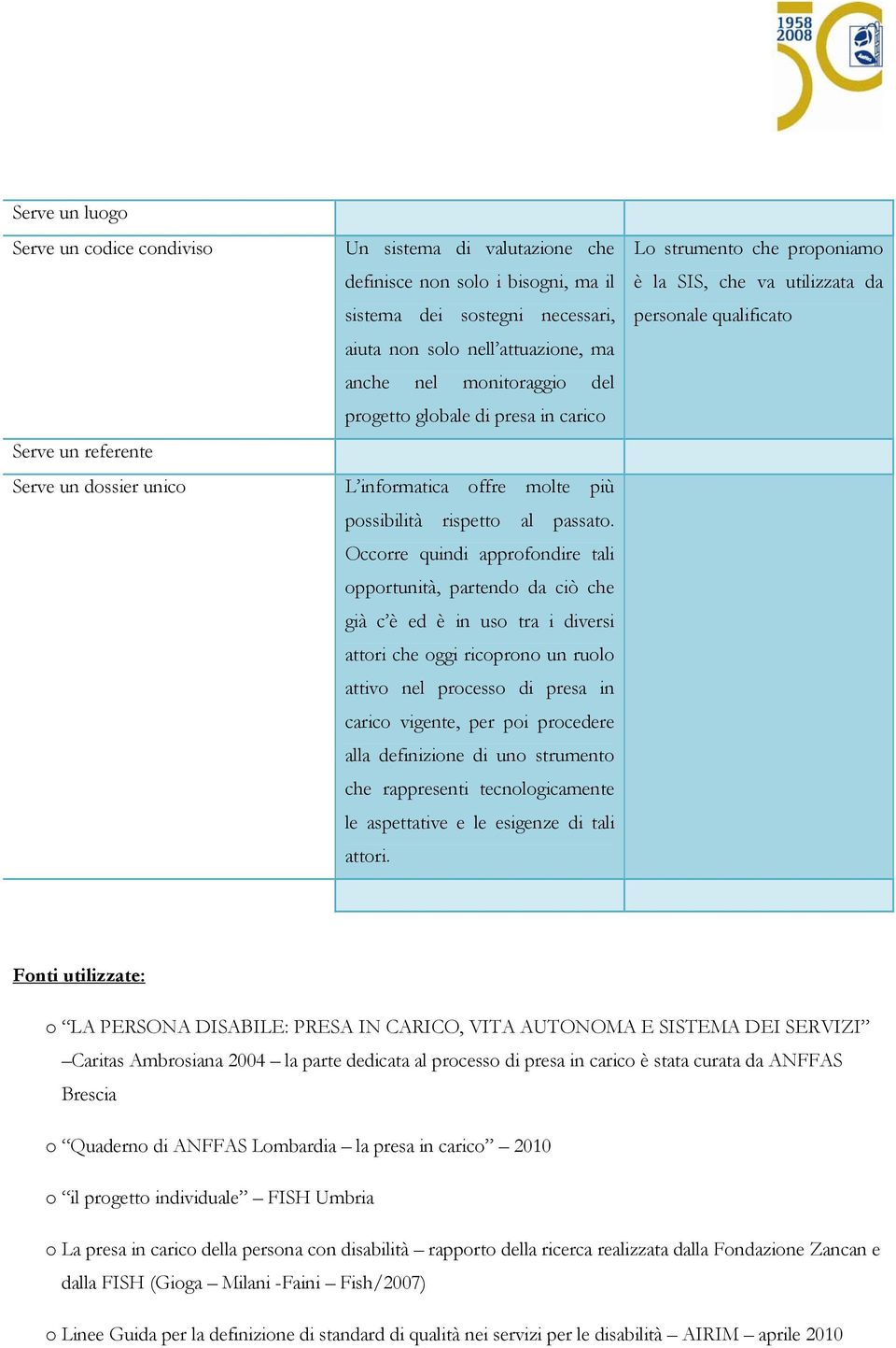 Occorre quindi approfondire tali opportunità, partendo da ciò che già c è ed è in uso tra i diversi attori che oggi ricoprono un ruolo attivo nel processo di presa in carico vigente, per poi