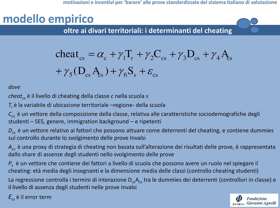 genere, immigration background e ripetenti D cs è un vettore relativo ai fattori che possono attuare come deterrenti del cheating, e contiene dummies sul controllo durante lo svolgimento delle prove