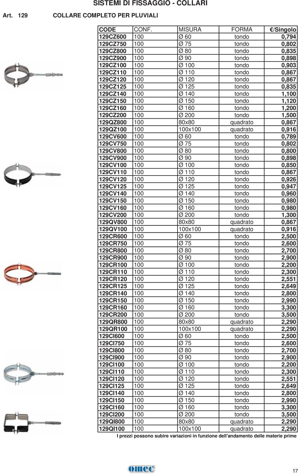 0,867 129CZ120 100 Ø 120 tondo 0,867 129CZ125 100 Ø 125 tondo 0,835 129CZ140 100 Ø 140 tondo 1,100 129CZ150 100 Ø 150 tondo 1,120 129CZ160 100 Ø 160 tondo 1,200 129CZ200 100 Ø 200 tondo 1,500