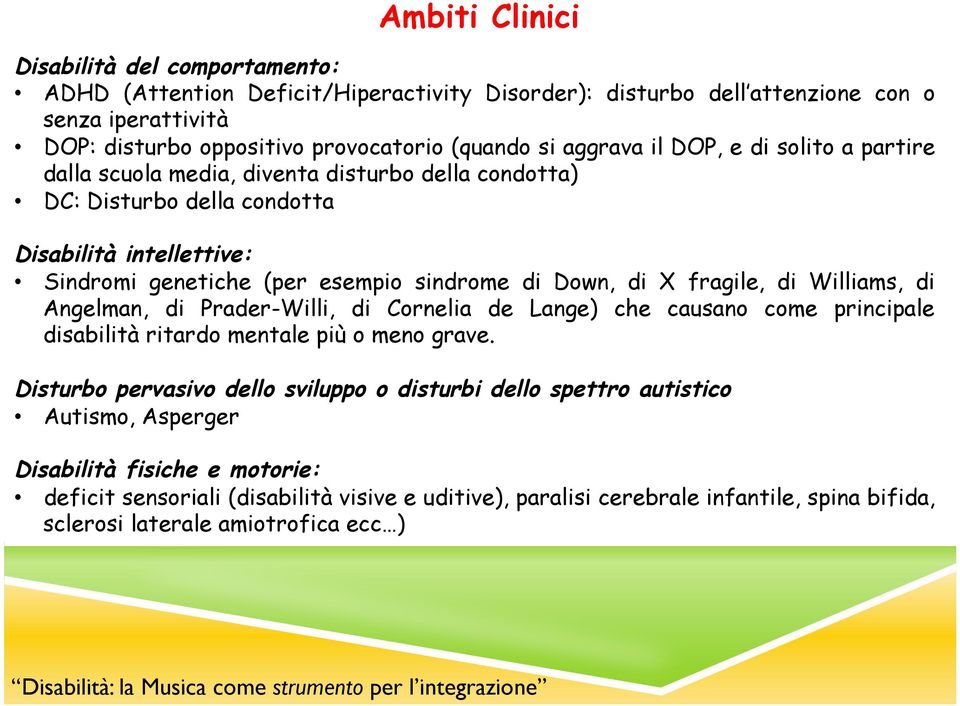 X fragile, di Williams, di Angelman, di Prader-Willi, di Cornelia de Lange) che causano come principale disabilità ritardo mentale più o meno grave.