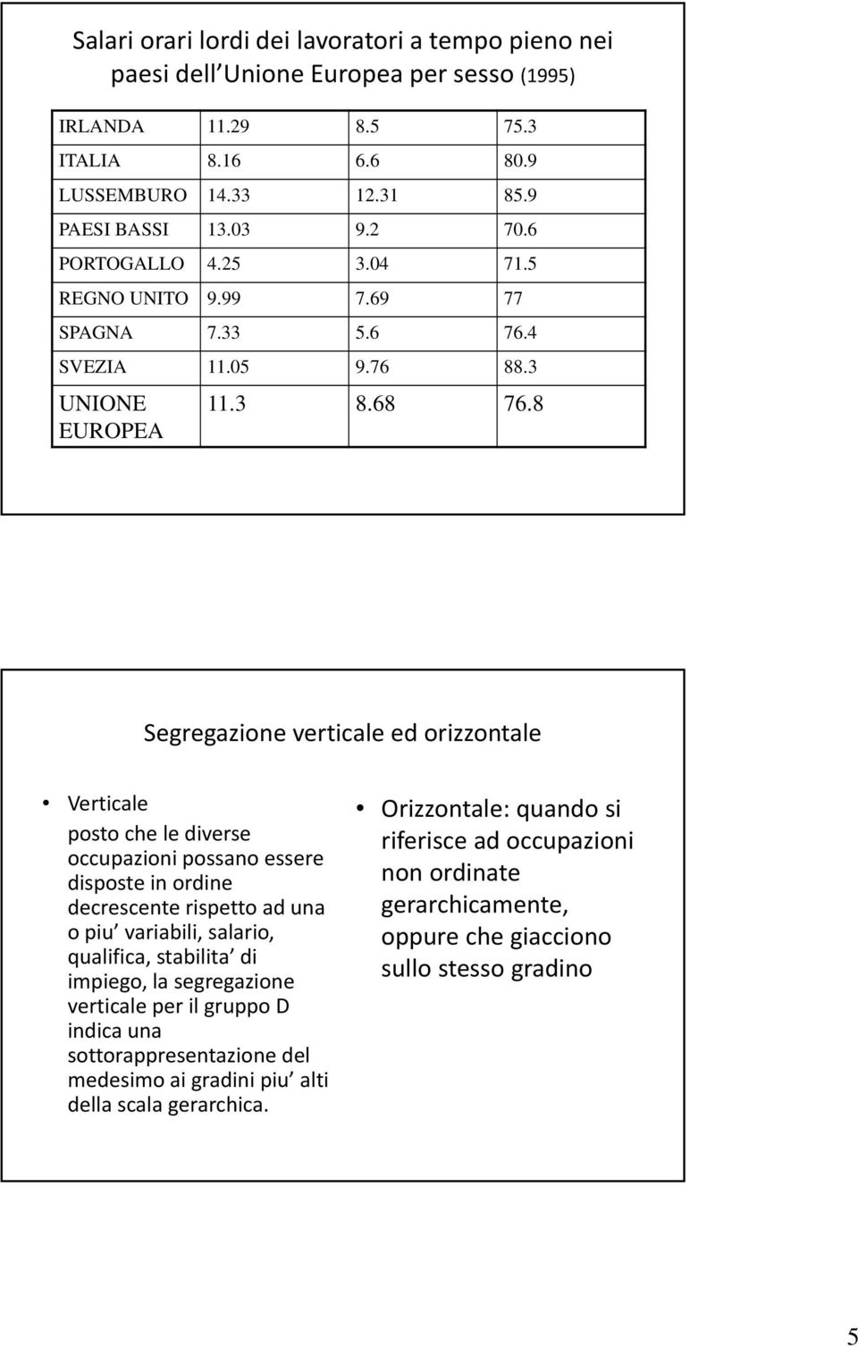 8 Segregazione verticale ed orizzontale Verticale posto che le diverse occupazioni possano essere disposte in ordine decrescente rispetto ad una o piu variabili, salario, qualifica, stabilita