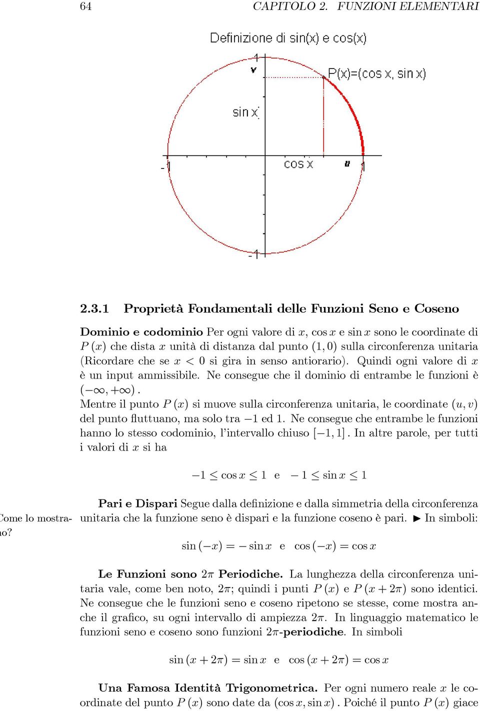 circonferenza unitaria (Ricordare che se x< si gira in senso antiorario). Quindi ogni valore di x è un input ammissibile. Ne consegue che il dominio di entrambe le funzioni è (, + ).