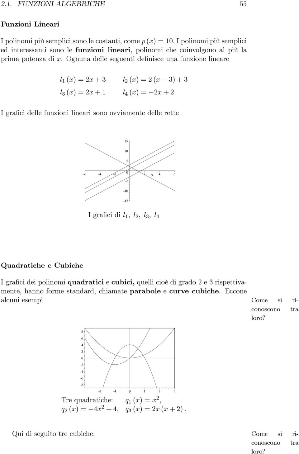 Ognuna delle seguenti definisce una funzione lineare l 1 (x) =2x +3 l 2 (x) =2(x 3) + 3 l 3 (x) =2x +1 l 4 (x) = 2x +2 I grafici delle funzioni lineari sono ovviamente delle rette 15 1 5-6 -4-2 2 x 4