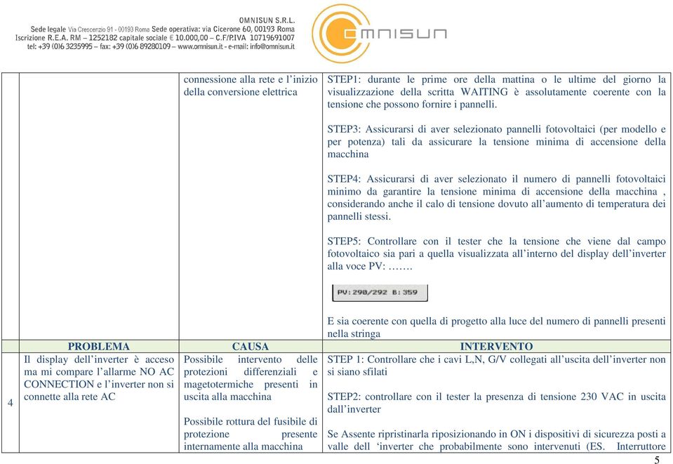 STEP3: Assicurarsi di aver selezionato pannelli fotovoltaici (per modello e per potenza) tali da assicurare la tensione minima di accensione della macchina STEP4: Assicurarsi di aver selezionato il