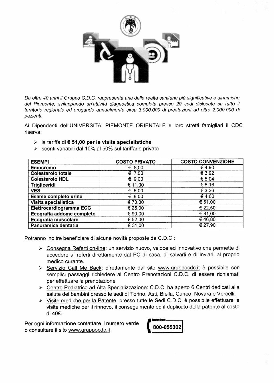 per le visite specialistiche a b di 10 a 50 su ta iffa o pr i ESEMP COSTO PRIVATO COSTO CONVENZIONE Emocr mo 8,00 4,90 Colesteroo otae 7,00 3,92 Colestero HDL 900 504 Triglicerdi 11,00 6,16 VES 600