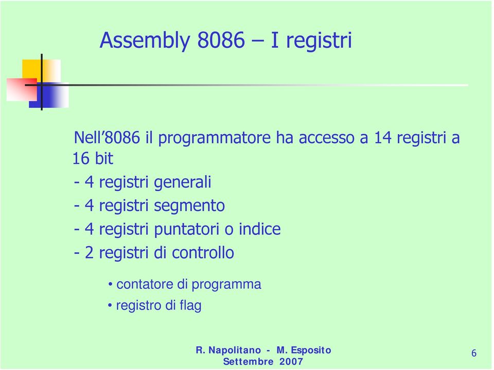 registri segmento - 4 registri puntatori o indice - 2