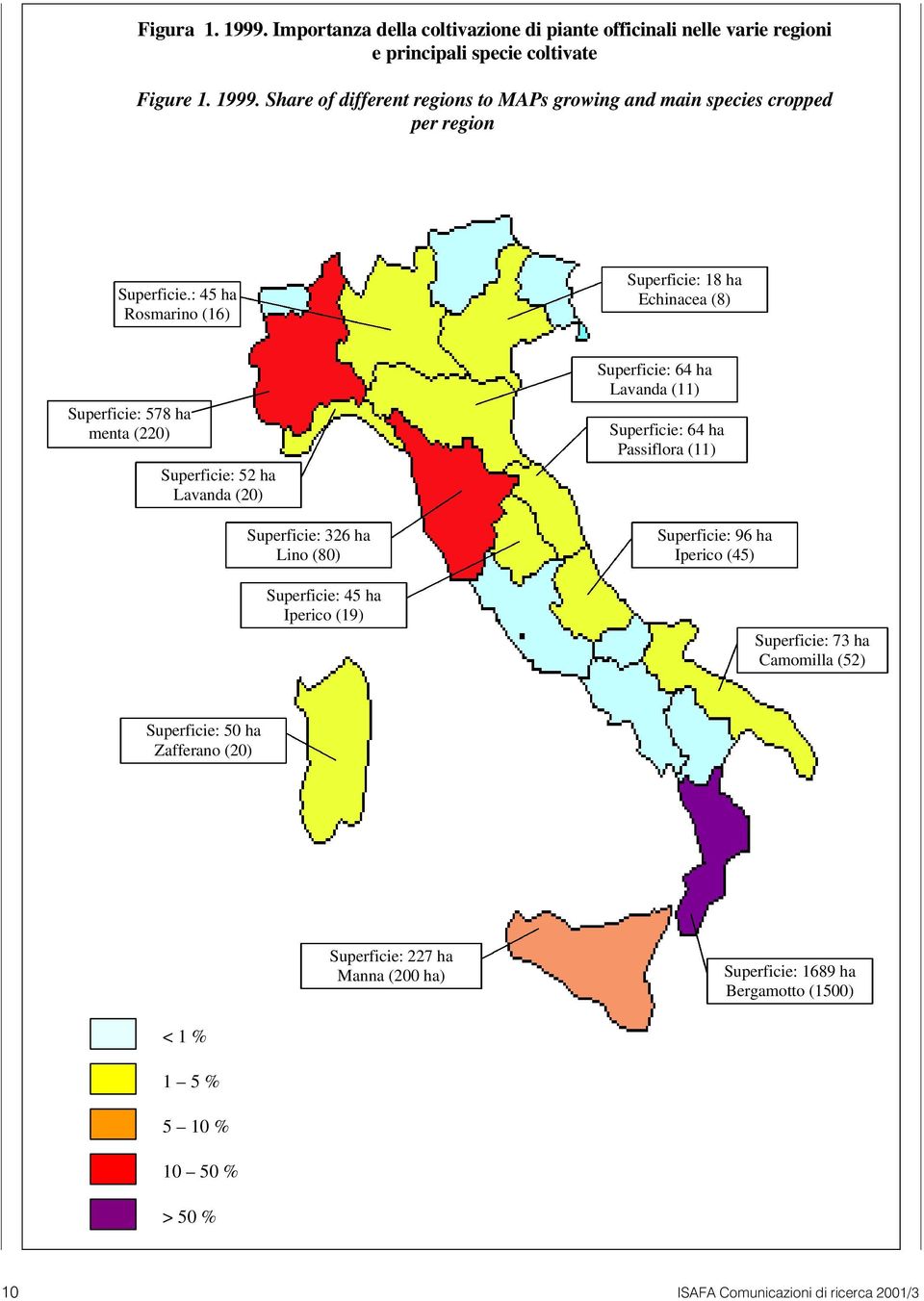 Superficie: 64 ha Lavanda (11) Superficie: 64 ha Passiflora (11) Superficie: 96 ha Iperico (45) Superficie: 73 ha Camomilla (52) Superficie: 50 ha Zafferano (20) Superficie: 227