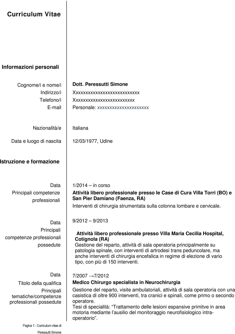 professionali 1/014 in corso Attività libero professionale presso le Case di Cura Villa Torri (O) e San Pier Damiano (Faenza, RA) Interventi di chirurgia strumentata sulla colonna lombare e cervicale.