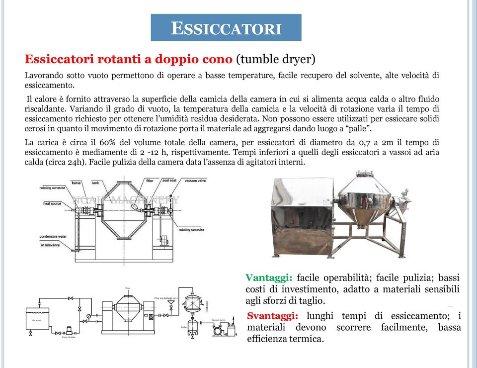 Variando il grado di vuoto, la temperatura della camicia e la velocità di rotazione varia il tempo di essiccamento richiesto per ottenere l umidità residua desiderata.