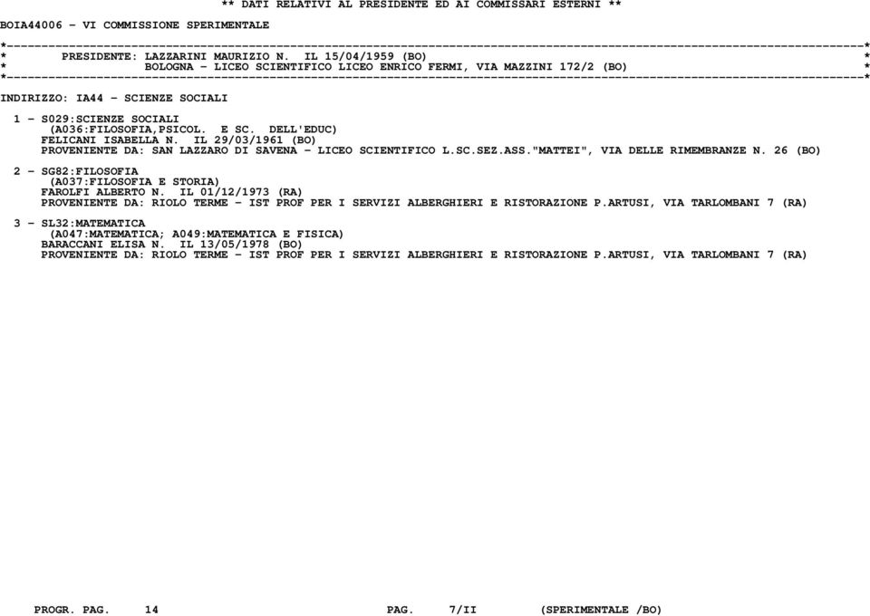 DELL'EDUC) FELICANI ISABELLA N. IL 29/03/1961 (BO) PROVENIENTE DA: SAN LAZZARO DI SAVENA - LICEO SCIENTIFICO L.SC.SEZ.ASS."MATTEI", VIA DELLE RIMEMBRANZE N.