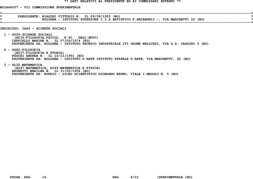 IL 07/09/1974 (FG) PROVENIENTE DA: BOLOGNA - ISTITUTO TECNICO INDUSTRIALE ITI ODONE BELLUZZI, VIA G.D. CASSINI 3 (BO) 2 - SG82:FILOSOFIA (A037:FILOSOFIA E STORIA) PESCHI ANDREA N.