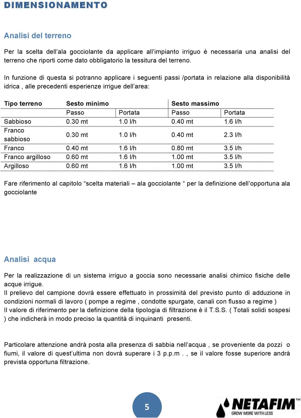 In funzione di questa si potranno applicare i seguenti passi /portata in relazione alla disponibilità idrica, alle precedenti esperienze irrigue dell area: Tipo terreno Sesto minimo Sesto massimo