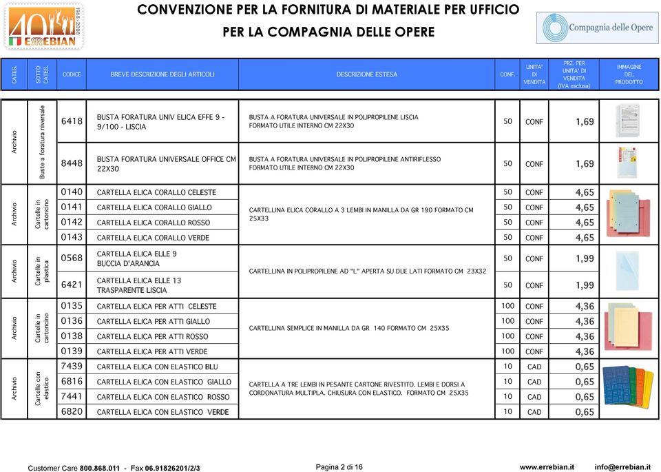 A FORATURA UNIVERSALE IN POLIPROPILENE ANTIRIFLESSO FORMATO UTILE INTERNO CM 22X30 50 CONF 1,69 50 CONF 1,69 0140 CARTELLA ELICA CORALLO CELESTE 50 CONF 4,65 0141 CARTELLA ELICA CORALLO GIALLO 50