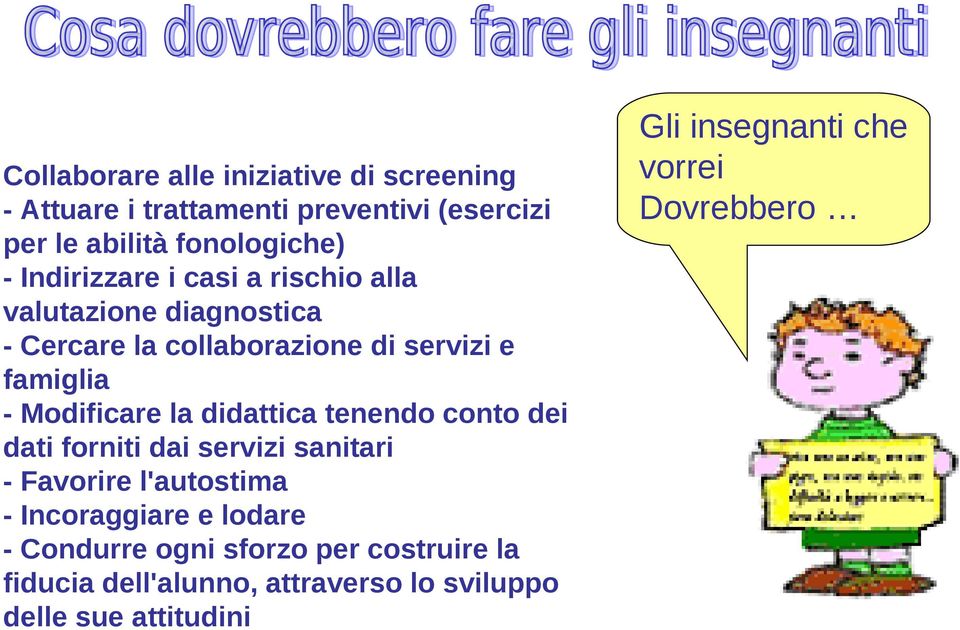 la didattica tenendo conto dei dati forniti dai servizi sanitari - Favorire l'autostima - Incoraggiare e lodare - Condurre