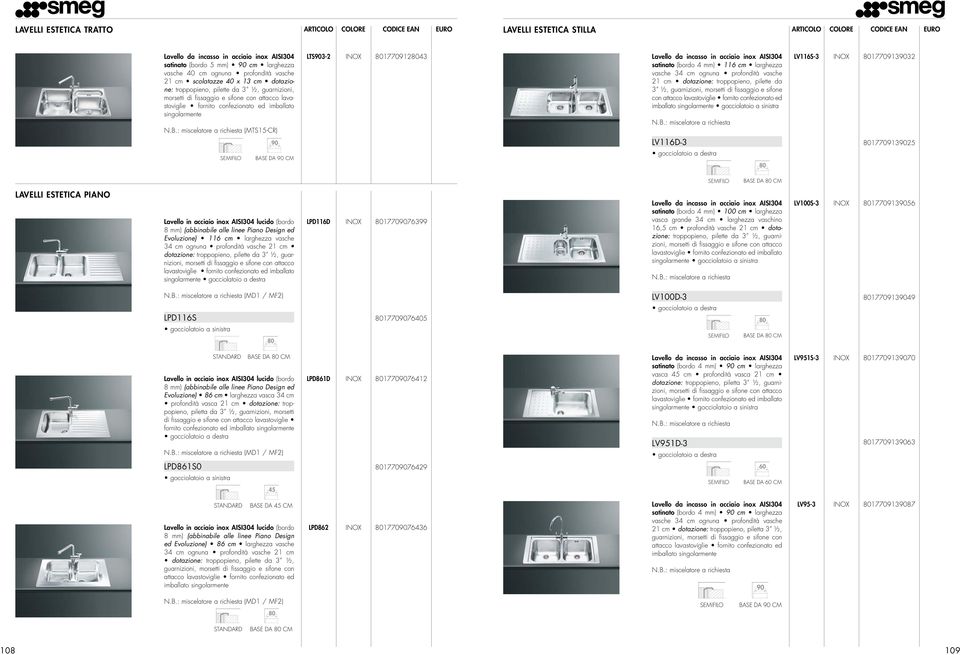 troppopieno, pilette da con imballato LV116D-3 LV116S-3 8017709139032 8017709139025 LAVELLI ESTETICA piano Lavello in acciaio AISI304 lucido (bordo 8 mm) (abbinabile alle linee Piano Design ed