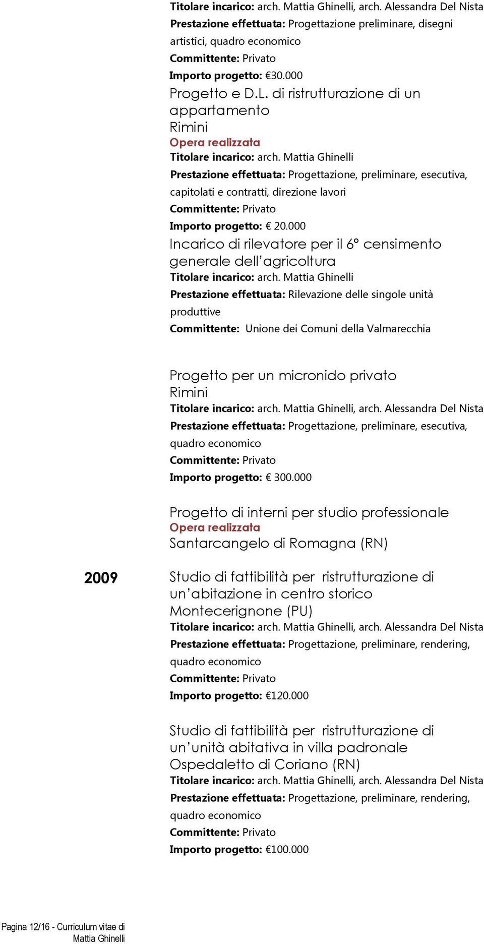 000 Incarico di rilevatore per il 6 censimento generale dell agricoltura Prestazione effettuata: Rilevazione delle singole unità produttive Committente: Unione dei Comuni della Valmarecchia Progetto