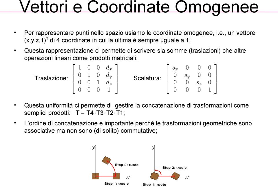 prodotti matriciali; Traslazione: Scalatura: Questa uniformità ci permette di gestire la concatenazione di trasformazioni come semplici