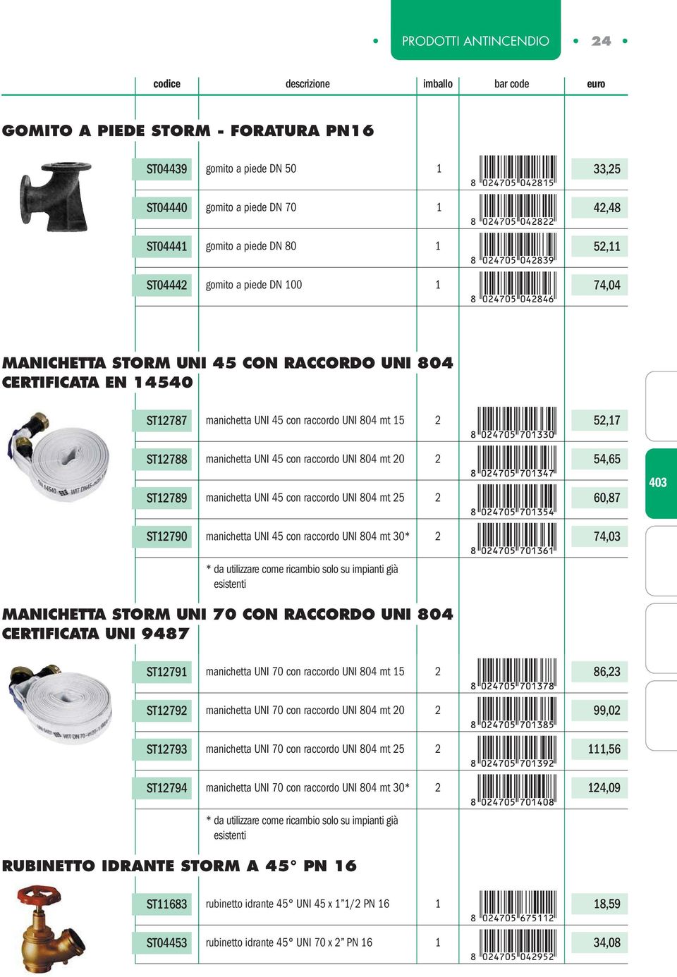 33,25 42,48 52, 74,04 MANICHETTA STORM UNI 45 CON RACCORDO UNI 804 CERTIFICATA EN 4540 ST2787 manichetta UNI 45 con raccordo UNI 804 mt 5 2 52,7 ST2788 manichetta UNI 45 con raccordo UNI 804 mt 20 2