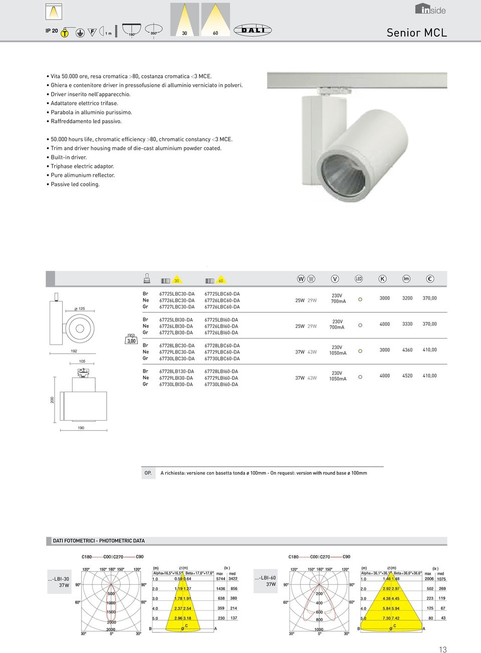 Trim and driver housing made of die-cast aluminium powder coated. Built-in driver. Triphase electric adaptor. Pure alimunium reflector. Passive led cooling.